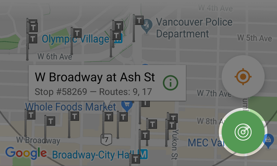 Image showing nearby stops and the Radar button on Android