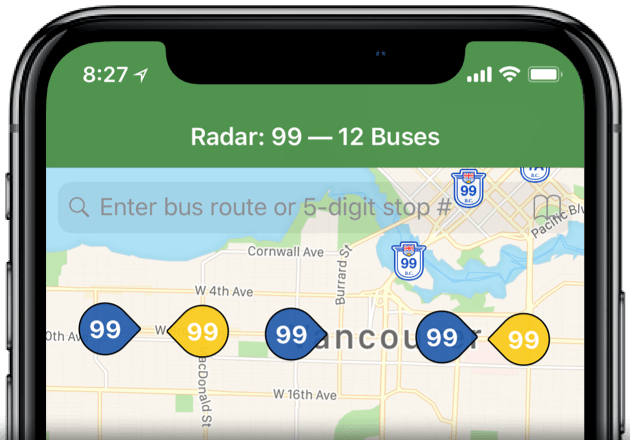 A screenshot of Radar running on an iPhone, showing the locations of 5 buses on a map.